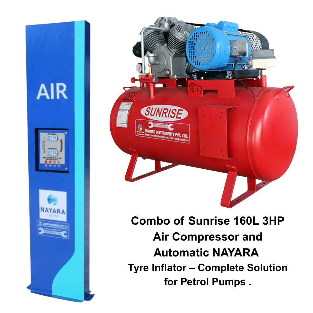 Combo of Sunrise 160L 3HP Air Compressor with Automatic Tyre Inflators for NAYARA Energy
