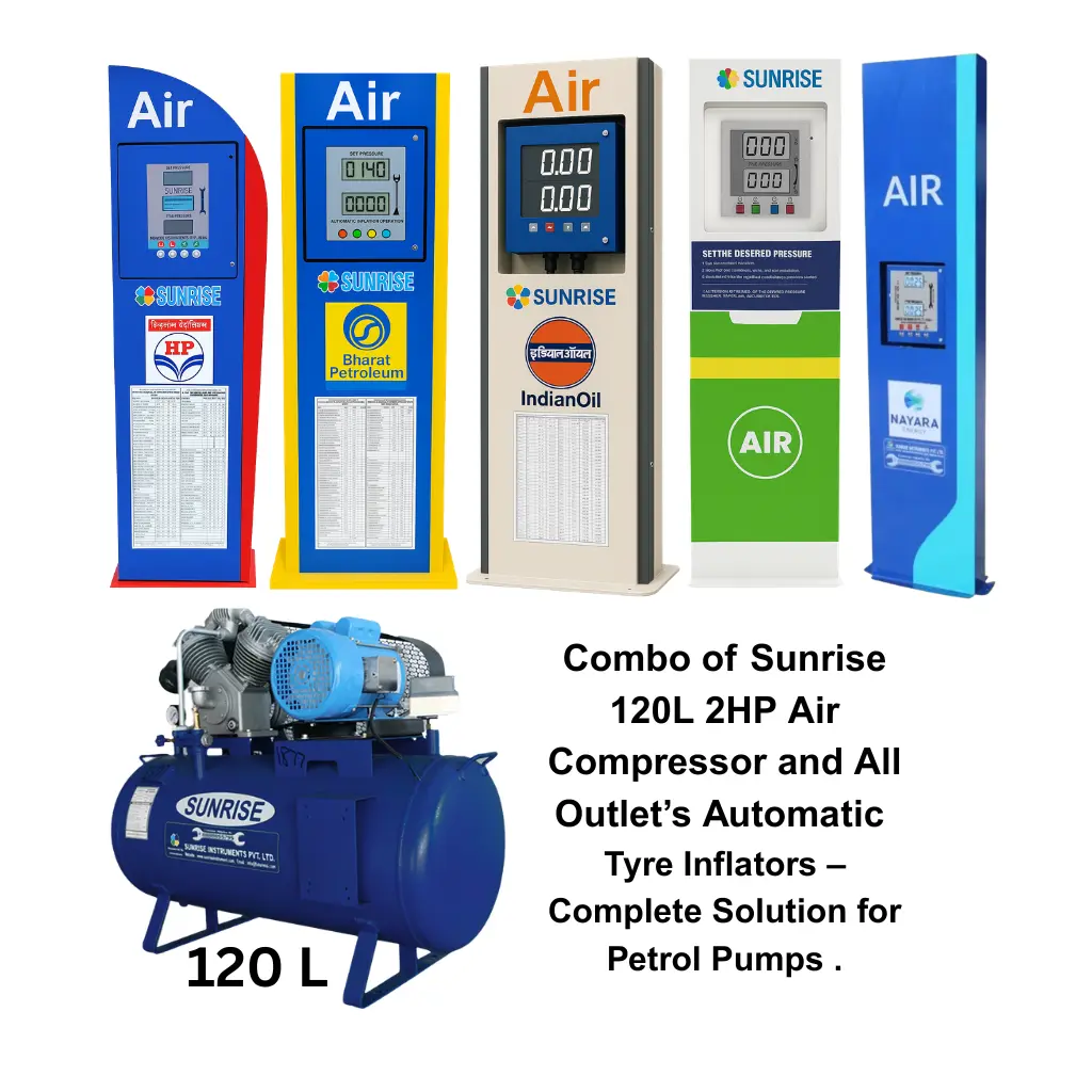 Combo of Sunrise 2HP 120L Air Compressor with Automatic Tyre Inflators