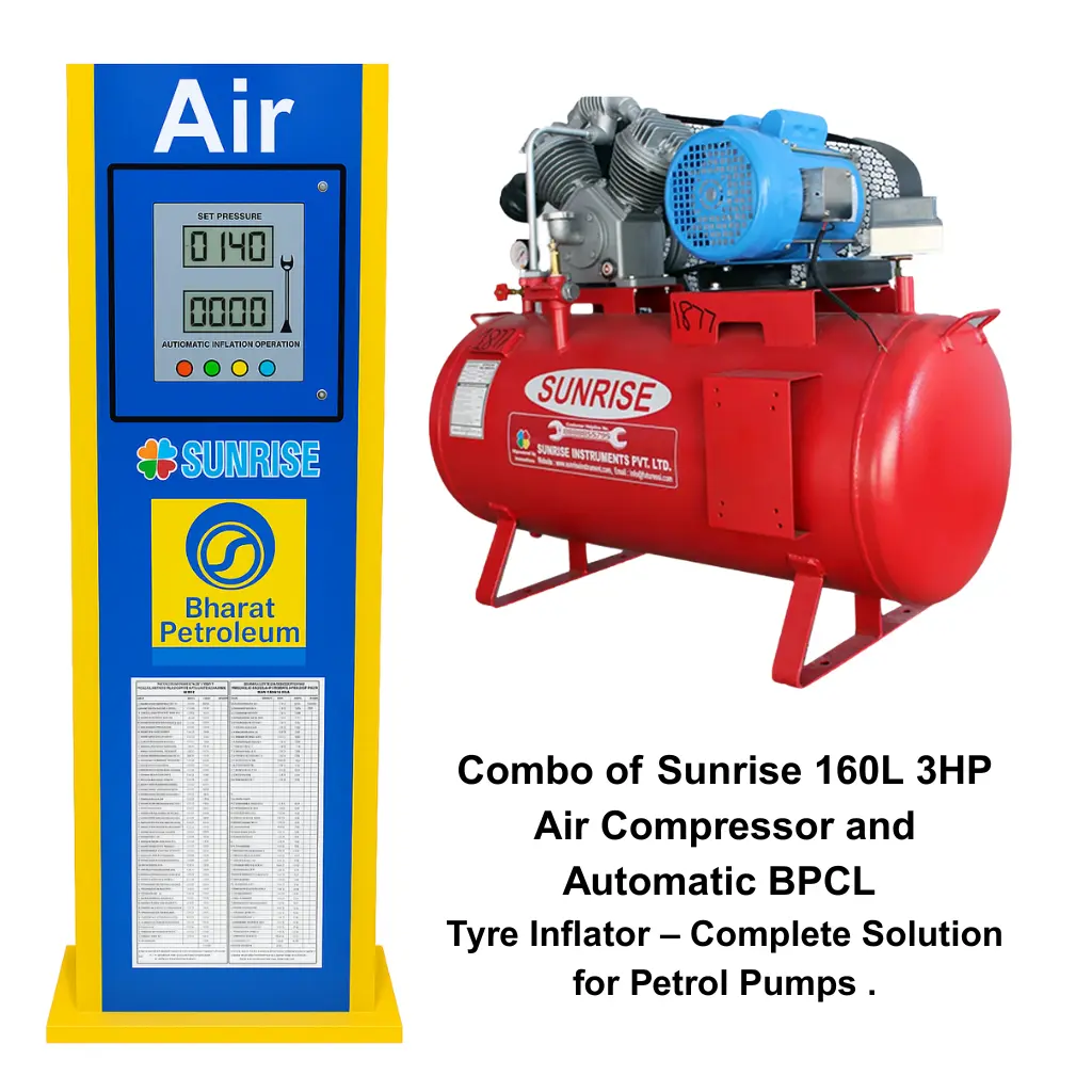 Combo of Sunrise 160L 3HP Air Compressor with Automatic Tyre Inflators for BPCL